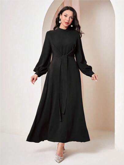 Modelyn Lantern Sleeve Dress With Knot Tie Waist Detail