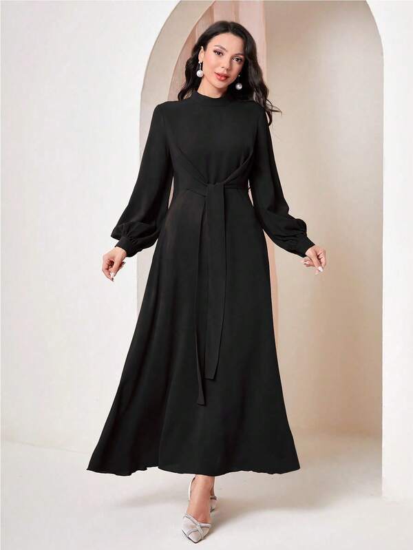 Modelyn Lantern Sleeve Dress With Knot Tie Waist Detail