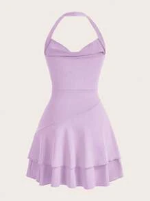 SHEIN MOD Women's Slim Fit Pleated Halter Dress - Lilac Purple - View 2