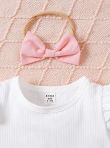 SHEIN Conjunto de vestido de tirantes cortos con estampado de conejito lindo para bebé niña, de mangas cortas y adornado con tirantes, para verano - Rosa - Ver 3