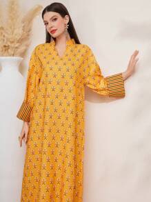 Al Najma Notched Neckline All-Over Printed Dress - Yellow - View 6
