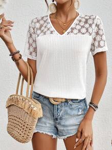 SHEIN Frenchy 女士蕾絲接縫t恤 - 白色 - 查看 4