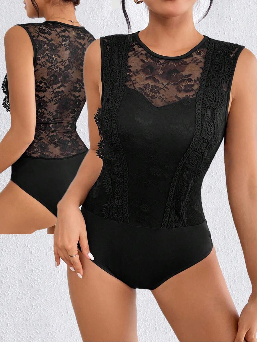 SHEIN Privé Của phụ nữ Gợi cảm & Lãng mạn Ngày lễ tình nhân Bán tuyệt đối Ren Áo liền quần dây treo - màu đen - Xem 1