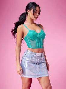 SHEIN BAE 女士鱼骨形紧身胸衣透明网眼撞色吊带背心 - 綠色 - 查看 5