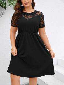 SHEIN Clasi Plus Size Elegant Women'S Patchwork Lace Short Sleeve Dress
