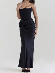 女士褶皱露背派对礼服、情人节礼服、无袖纯色性感俱乐部春夏季礼服、伴娘礼服