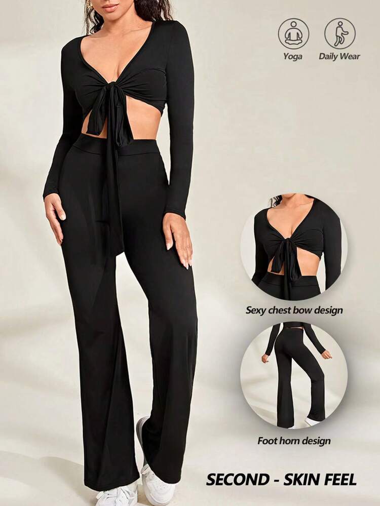 Women's Solid Color Knot Design Sportswear Set