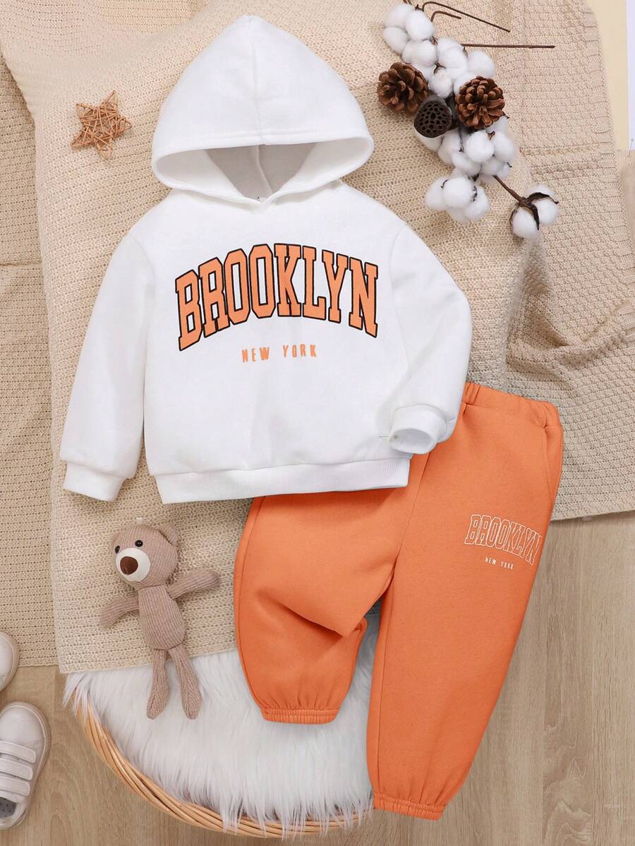 SHEIN Baby Boys' Letter Printed Hooded Drop Shoulder Sweatshirt And Pants Set - Orange - View 1