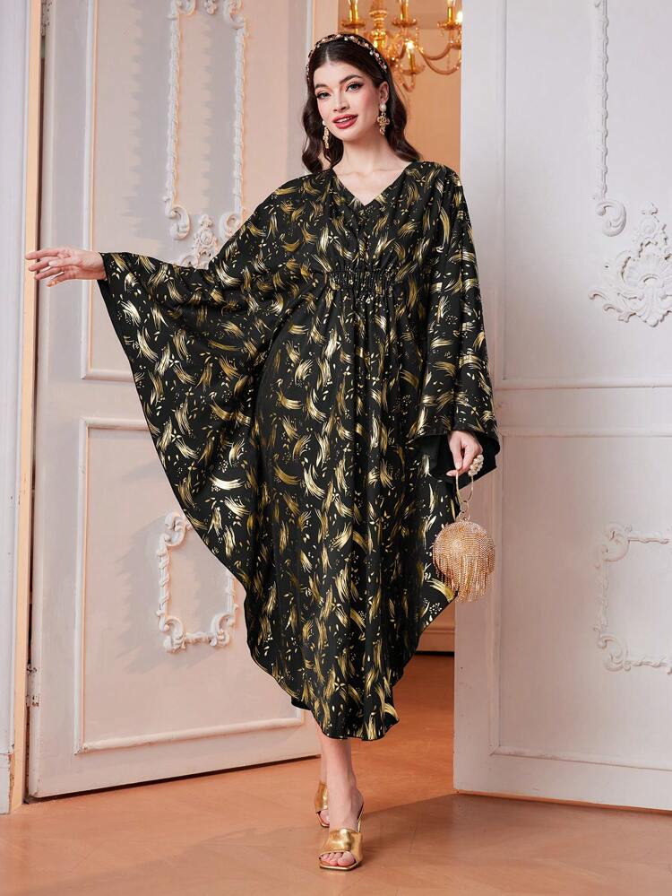 Full Printed V-Neck Batwing Sleeve Dress