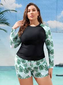 SHEIN Swim Curve Plus Size Tropical Print Kimono Sleeve Top And Shorts Bikini Set Carnival - Multicolor - View 5
