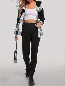 Women's Hooded Checkered Shirt - Black - View 3
