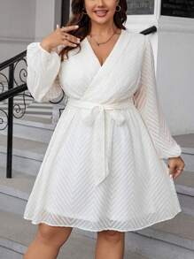 Celure Của phụ nữ Kích thước lớn Cổ chữ V Tay áo lồng đèn Đầm - Màu be - Xem 1