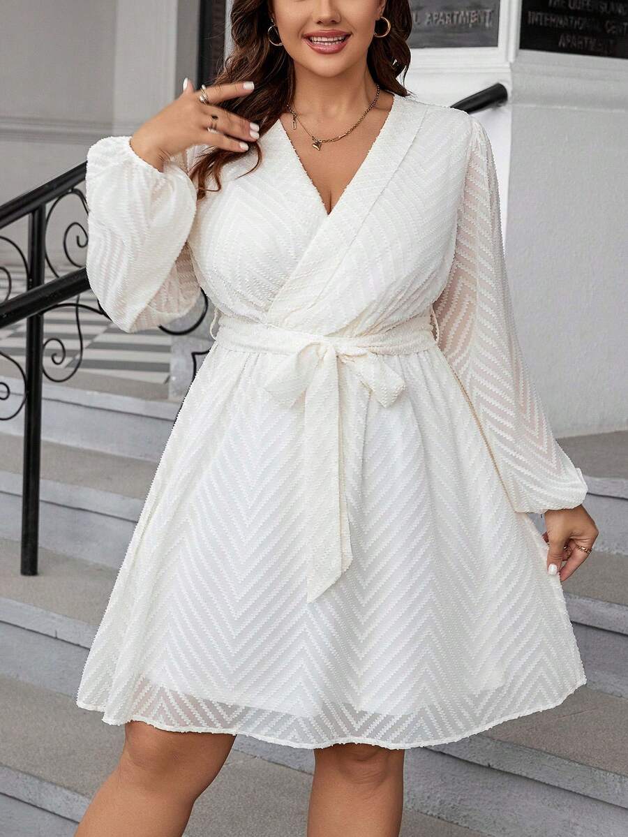 Celure Của phụ nữ Kích thước lớn Cổ chữ V Tay áo lồng đèn Đầm - Màu be - Xem 1