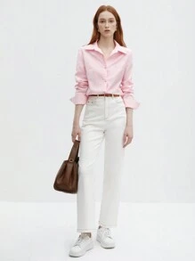 BizChic Women's Solid Color Long Sleeve Shirt, Urban Commute Office Wear, Business Casual, Elegant Ladies Formal Blouse, Fashionable Shirt For Outings - Pink - View 3