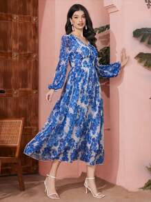 Mulvari Flower Print V Neck Elastic Waist Ruffle Hem Lantern Sleeve Dress - Multicolor - View 6