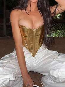 Shiny Faux Leather Waist-Tied Top Summer - Gold - View 5