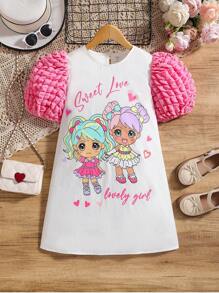 Tween Girls' Cartoon & Letter Print Puff Short Sleeve Patchwork Dress - Multicolor - View 1