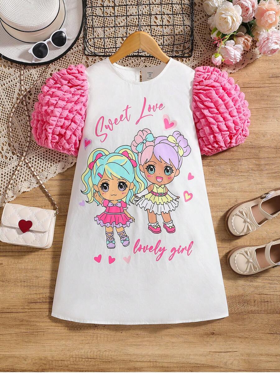 Tween Girls' Cartoon & Letter Print Puff Short Sleeve Patchwork Dress - Multicolor - View 1