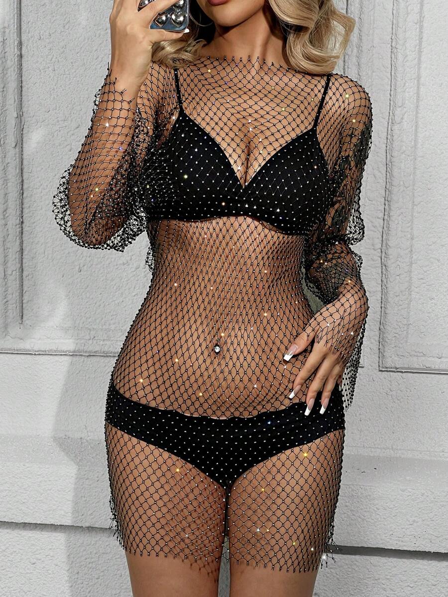 Allurite 1件透明魚網連衣裙 - 黑色 - 查看 1