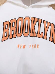 SHEIN Baby Boys' Letter Printed Hooded Drop Shoulder Sweatshirt And Pants Set - Orange - View 4