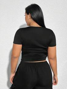 SHEIN EZwear Plus Size Women's Round Neck Basic High-Stretchy Crop Top T-Shirt - Black - View 2