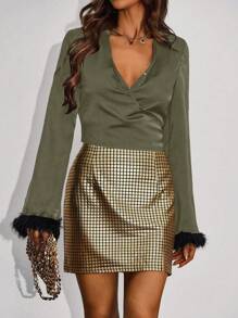 Zolique Color-Contrast Fuzzy Cuffs Wrap Blouse Fall Cloth For Women - Army Green - View 5