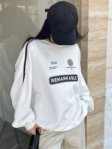 DAZY 女士寬鬆顏色拼塊字母印花連帽衫 - 白色 - 查看 4