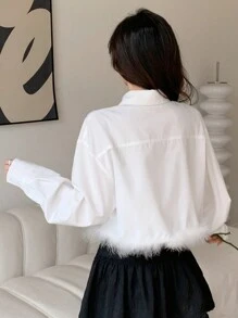DAZY Women's Asymmetrical Hem Patchwork Drop Shoulder Long Sleeve Shirt,Fall Clothes - White - View 5