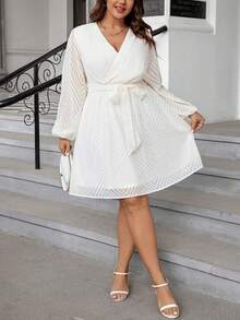 Celure Của phụ nữ Kích thước lớn Cổ chữ V Tay áo lồng đèn Đầm - Màu be - Xem 3