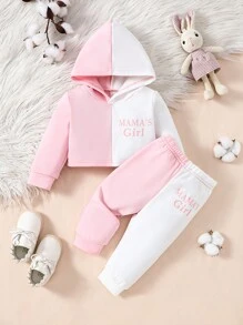 Baby Girls' Color Block Letter Printed Hooded Sweatshirt And Pants Set - Pink - View 1