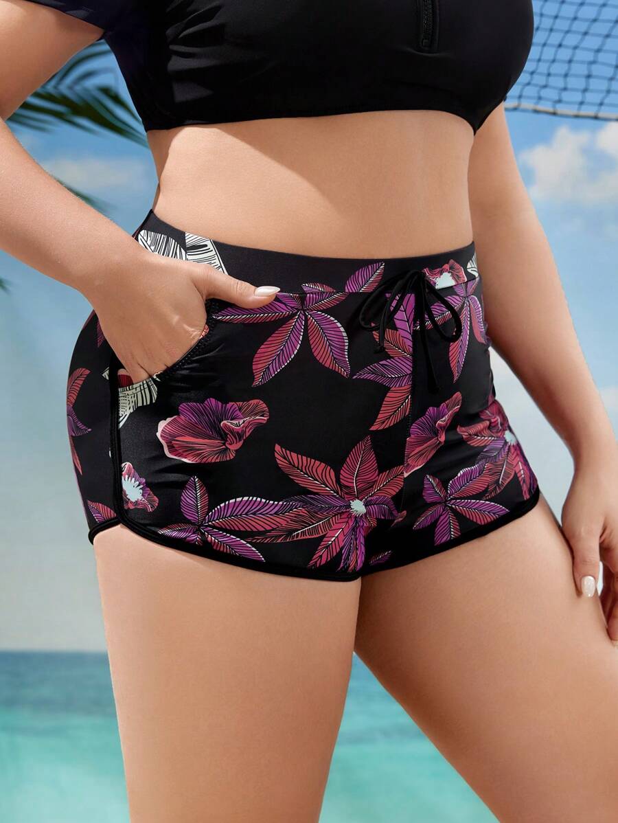 SHEIN Swim Curve 加大尺碼女士葉子印花游泳短褲,帶斜口袋 - 彩色 - 查看 1