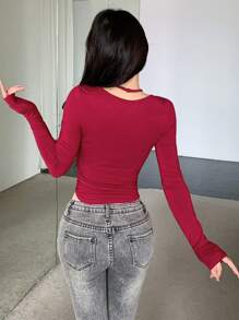 DAZY Women's Long Sleeve T-Shirt With Heart-Shaped Rhinestone Decor,Fall Clothes - Red - View 8
