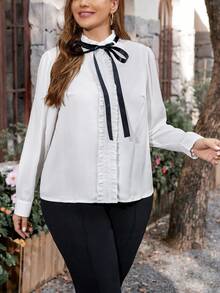 SHEIN Clasi Kích thước lớn Lá sen Đường viền cổ áo Self Tie Áo sơ mi - Đen và trắng - Xem 3