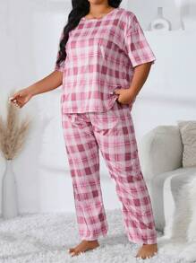女士大尺碼休閒格紋睡衣套裝 - 粉色 - 查看 5