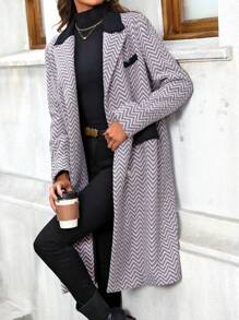 SHEIN LUNE Women'S Woolen Wave Pattern Color Block Coat Fall Cloth For Women - Pink - View 6