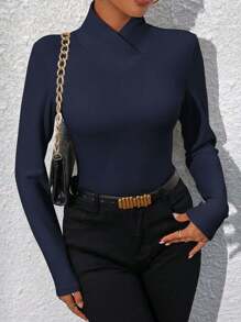 SHEIN Privé Solid Color Long Sleeve T-Shirt - Navy Blue - View 4