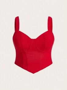 SHEIN Essnce 大尺碼女性性感修身牛仔背心上衣 - 紅色 - 查看 3