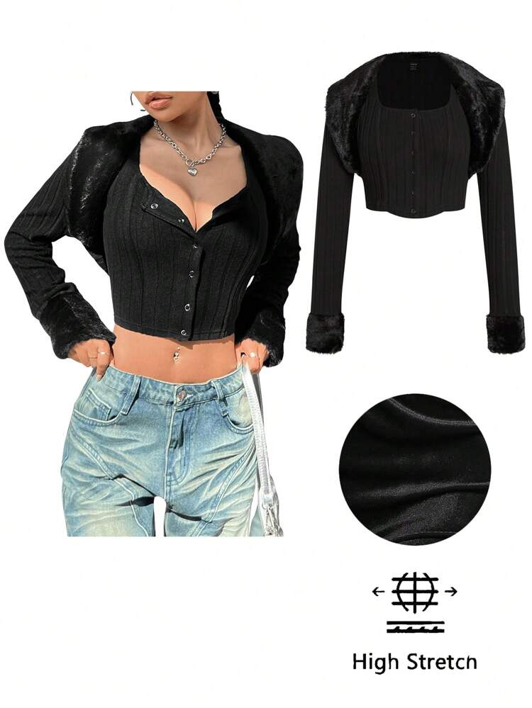 Women's Button Up Ribbed T-shirt And Frayed Crop Jacket