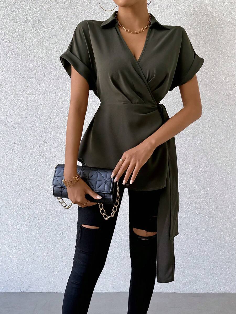 Chiquease Batwing Short Sleeve Tie Front Wrap Side Blouse - Army Green - View 1