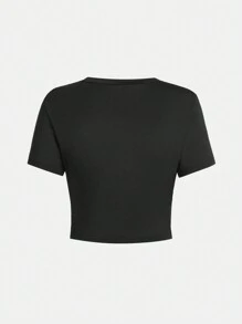 SHEIN Explorewe 少女纯色短袖T恤，基础款，经典纯色，面料柔软，透气舒适，多种颜色可选 - 黑色 - 查看 2