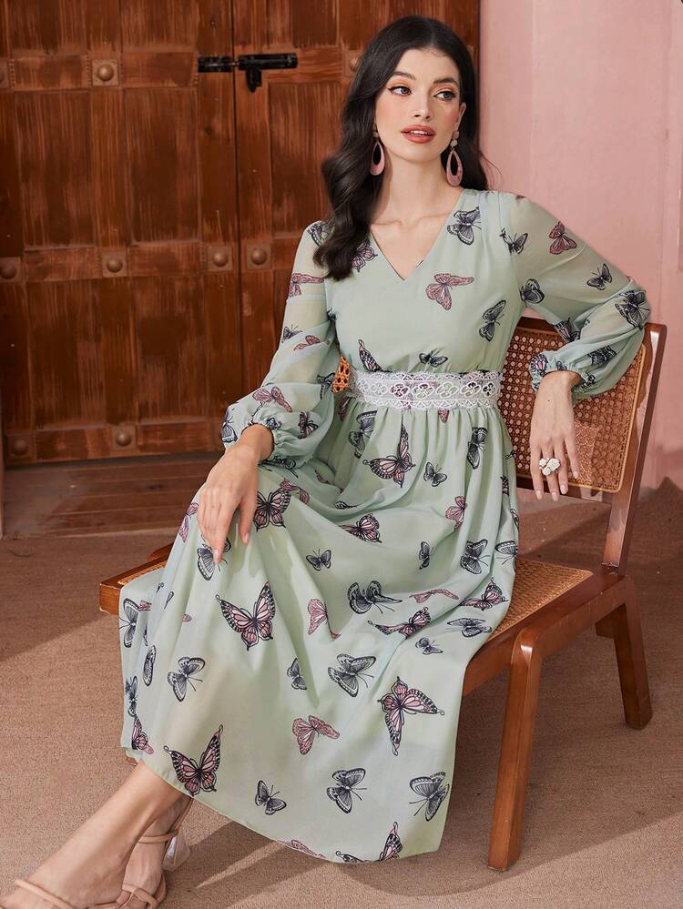 Butterfly Printed V-Neck Patchwork Lace Tape Lantern Sleeve Dress