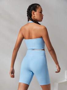 SHEIN Teenage Girls' Knitted Stripe Halter Top And Shorts Sports Set