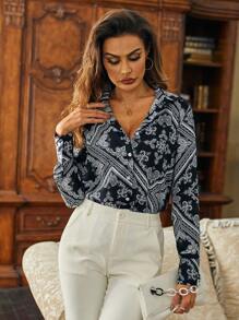 Aveloria Women's Peplum Printed Button-Front Long Sleeve Shirt - Black and White - View 3