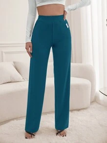SHEIN Tall Women'S Solid Color Straight Leg Pants - Teal Blue - View 3