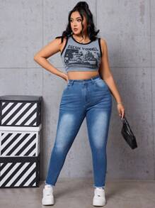 CovetEZ 加大碼修身洗水牛仔褲 - 深色水洗藍 - 查看 6