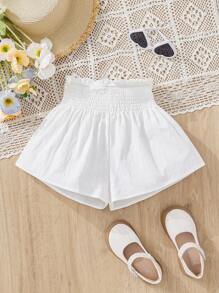 SHEIN Cô gái Tween Dệt Màu thuần Lỏng lẻo phù hợp Giải trí Xếp li Quần short - trắng - Xem 1