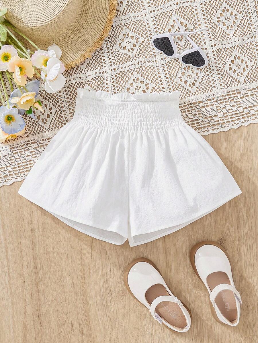 SHEIN Cô gái Tween Dệt Màu thuần Lỏng lẻo phù hợp Giải trí Xếp li Quần short - trắng - Xem 1