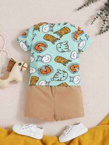 SHEIN 男嬰卡通動物印花短袖圓領上衣純色短褲 2 件/套