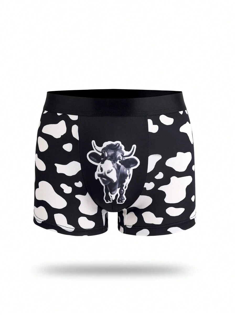 شورت بوكسر مطبوع للرجال بنمط البقرة - الأسود - مشاهدة 1
