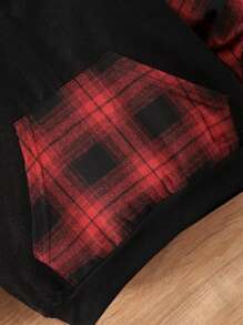 SHEIN Tween Boys' Hooded Sweatshirt With Plaid Patchwork, Buttoned Front - Red - View 4